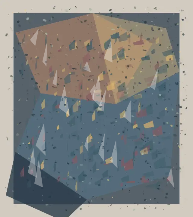 Load Bearing Proposition: cumulative painting state 3 of 3; A salmon-and-ochre upper body presses against a slate-blue lower body while small fractures and a dark corner weight register the load.