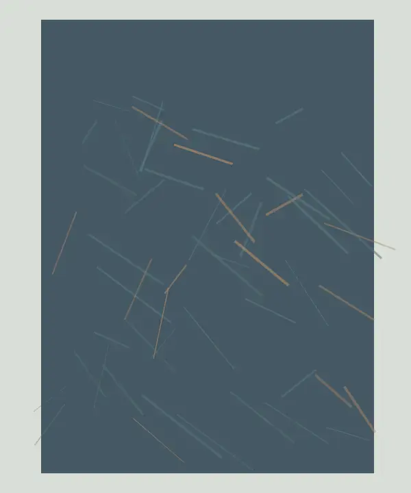 Pore With a Different Temperature: cumulative painting state 1 of 3; A dark blue-grey woven field carries many short fibers and one warmer ochre interruption inside a pale exposed border.