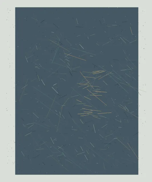 A dark blue-grey woven field carries many short fibers and one warmer ochre interruption inside a pale exposed border.