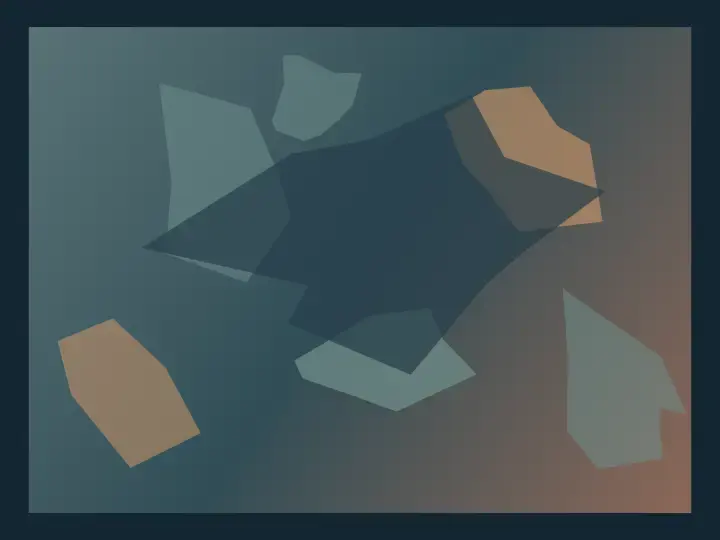 Inventory of Singular Things: cumulative painting state 1 of 3; A deep blue-grey deposit gathers singular ochre, salmon, and grey relics at unequal scales across quiet teal and rust support.
