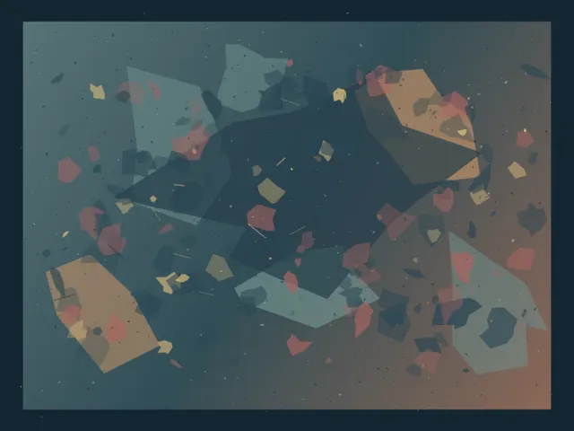 A deep blue-grey deposit gathers singular ochre, salmon, and grey relics at unequal scales across quiet teal and rust support.