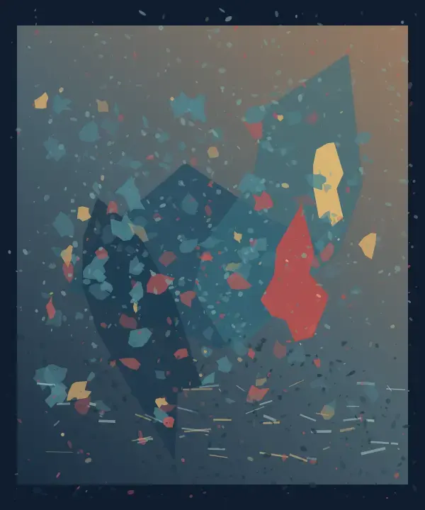 A Weather That Counts Itself: cumulative painting state 3 of 3; A dark nocturne sets a large blue weather body against a red vertical form, a small ochre light, and mineral fragments over sleeping water.