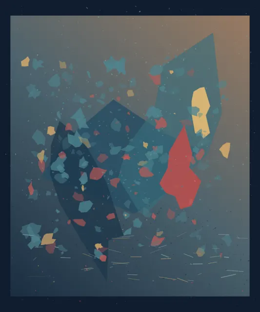 A dark nocturne sets a large blue weather body against a red vertical form, a small ochre light, and mineral fragments over sleeping water.