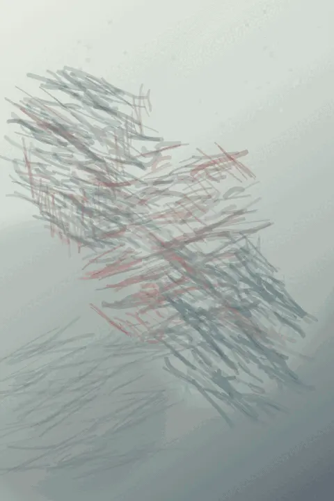 Fault in the Utterance: cumulative painting state 2 of 3; A cold, nearly white portrait carries a diagonal descent of graphite-like slivers, faint red powder branches, and soft blue-gray atmospheric fields with large unused paper above.