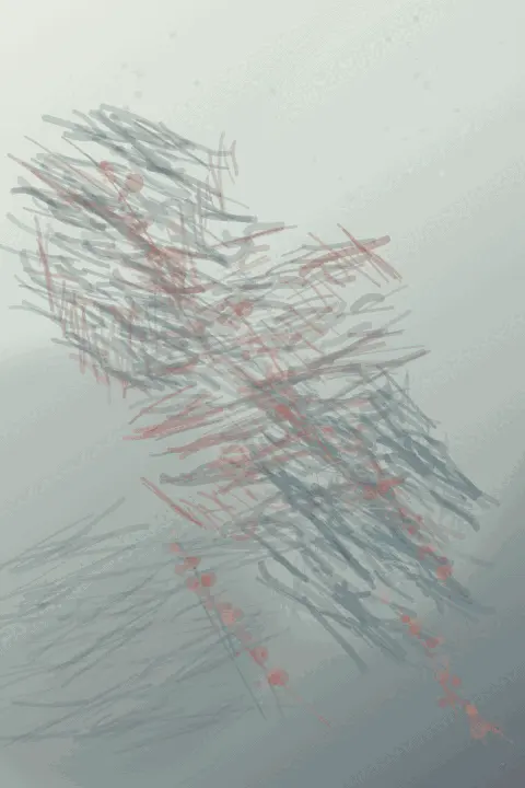 Fault in the Utterance: cumulative painting state 3 of 3; A cold, nearly white portrait carries a diagonal descent of graphite-like slivers, faint red powder branches, and soft blue-gray atmospheric fields with large unused paper above.