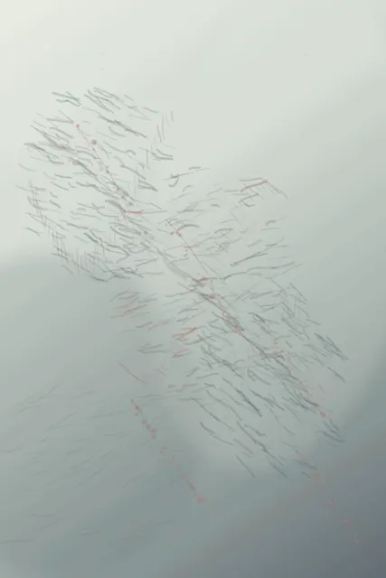 A cold, nearly white portrait carries a diagonal descent of graphite-like slivers, faint red powder branches, and soft blue-gray atmospheric fields with large unused paper above.