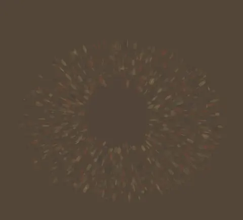 One Quiet Opening: cumulative painting state 2 of 4; One Quiet Opening makes earth parts by granular relaxation around a protected quiet visible.