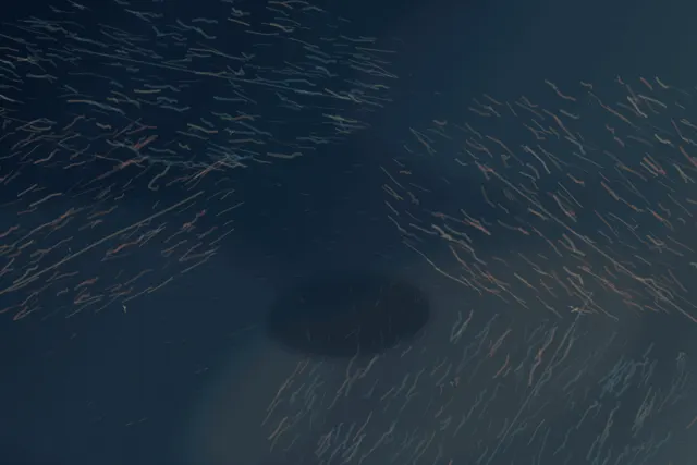 A blue-black ground surrounds several separated rust and teal mark bodies approaching a low dark pocket; their grain directions disagree and small warm incidents sit near the edges.