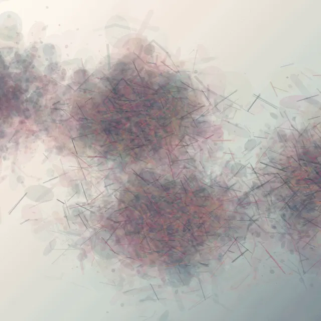 Rose, blue, and oxidized green pigment arrive from beyond a pale square and collide in translucent depth before any body is implied; the central cloud remains an unresolved container.
