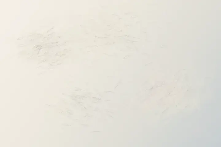 Body Hidden in Plain Light: cumulative painting state 2 of 3; Four faint pressure zones appear and recede across ivory paper; lifted planes and warm reflection imply an absent body through occlusion rather than a contour.