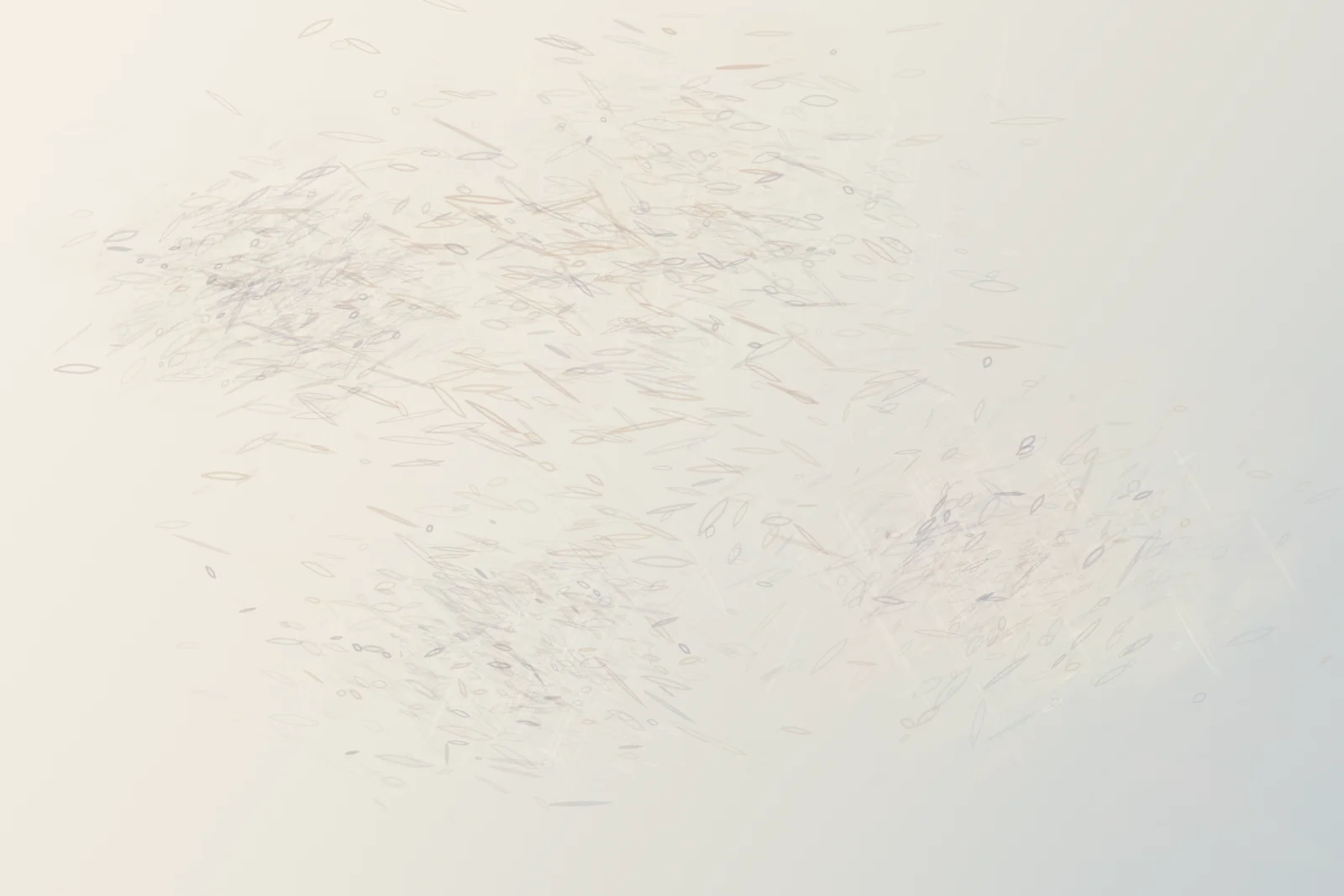 Four faint pressure zones appear and recede across ivory paper; lifted planes and warm reflection imply an absent body through occlusion rather than a contour.