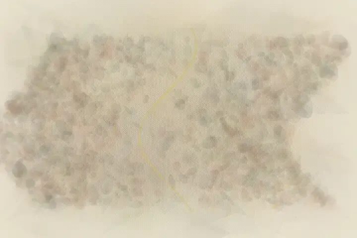 Quiet Wound Assembly: cumulative painting state 2 of 3; An asymmetric living field stages cells gather at the quiet wound. through pressure, granular deposits, abrasion, and exposed support.