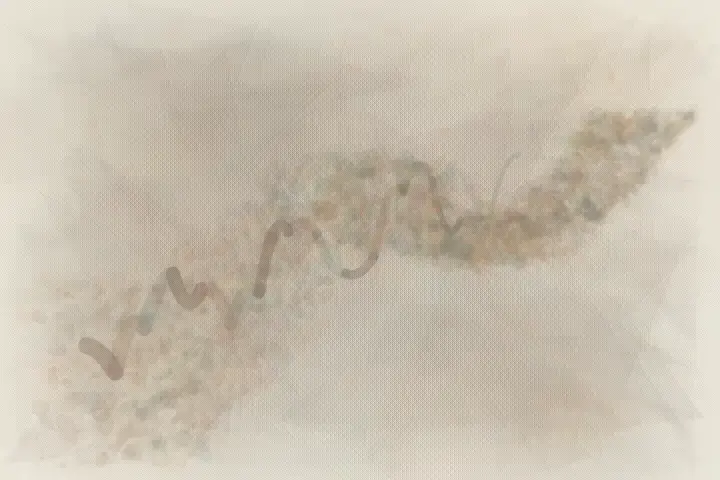 Green Under Char: cumulative painting state 3 of 3; An asymmetric living field stages regrowth beneath burned bark. through pressure, granular deposits, abrasion, and exposed support.