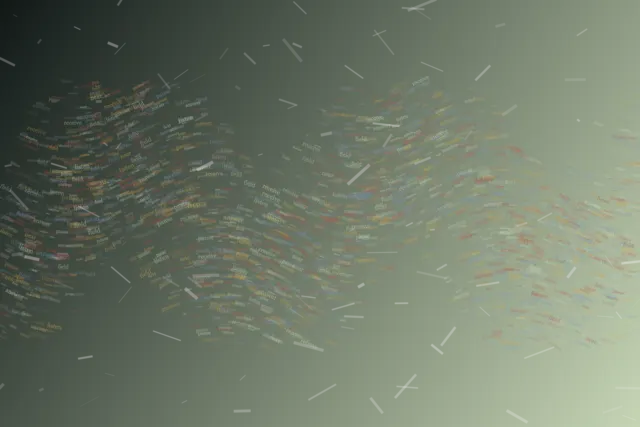 Listening Makes a Field uses listening wave interference so small meaningful words carry the image's pressure and open intervals.