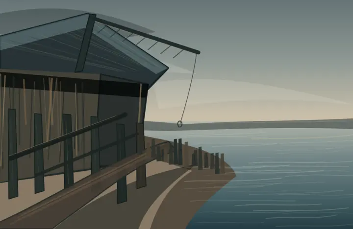 Low Water Keeps the Ledger: cumulative painting state 2 of 4; A singular waterfront world with excellent spatial quiet and scale; it reads more as stylized concept illustration than autonomous painting at native size.