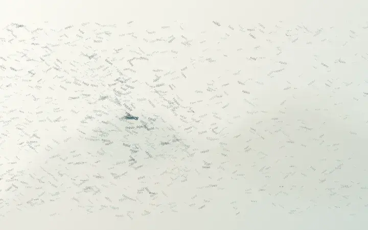 Mercy Changes the Field: cumulative painting state 3 of 3; A darker mercy deposit sits left of center while neighboring words widen, soften, rotate, and fade across a pale cascade into open space.