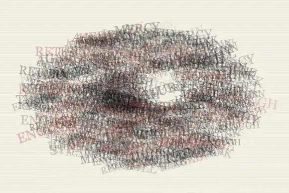 The Thought Wears Through the Page: cumulative painting state 1 of 4; The Thought Wears Through the Page answers an open prompt through typographic abrasion, authored as its own local raster system.