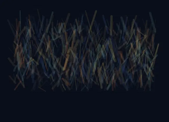 The City After Gravity: cumulative painting state 1 of 4; The City After Gravity answers an open prompt through suspended granular architecture, authored as its own local raster system.