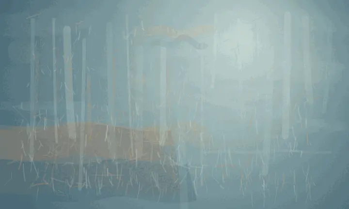 Open Course, Incoming Weather: cumulative painting state 3 of 3; A cool mineral-blue field is filled with pale vertical weather streaks. Low grey-blue shelves and a few warm ochre interruptions sit across the lower third, with a soft pale opening at upper-right and sparse dry flecks across the support.