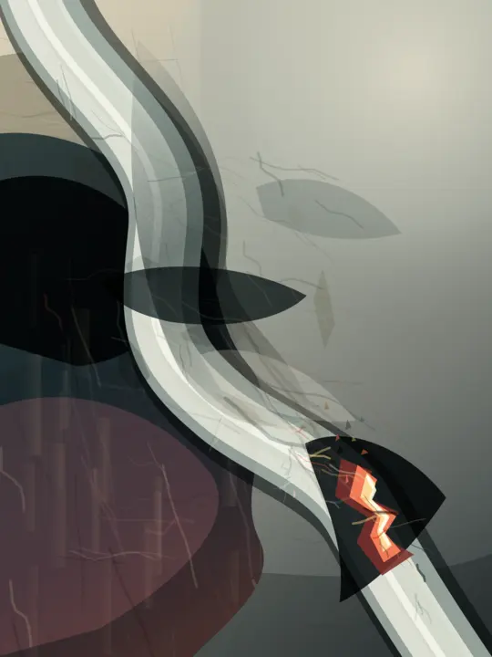 Pressure Keeps the Shape of Its Exit: cumulative painting state 5 of 6; Powerful vertical torque and concentrated flare against grey quiet; translucent faceting keeps the event closer to compositing than accretion.