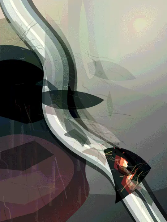 Pressure Keeps the Shape of Its Exit: cumulative painting state 6 of 6; Powerful vertical torque and concentrated flare against grey quiet; translucent faceting keeps the event closer to compositing than accretion.