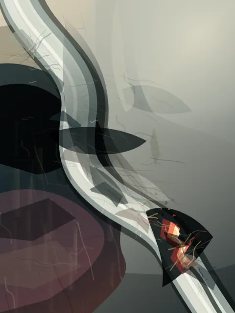 Powerful vertical torque and concentrated flare against grey quiet; translucent faceting keeps the event closer to compositing than accretion.