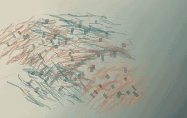 Pressure of Staying: cumulative painting state 2 of 3; A bone-to-teal field holds a broad left and central population of rust and blue-green strokes, a soft contact region, and a comparatively open right side.