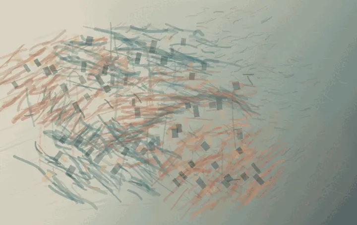 Pressure of Staying: cumulative painting state 3 of 3; A bone-to-teal field holds a broad left and central population of rust and blue-green strokes, a soft contact region, and a comparatively open right side.