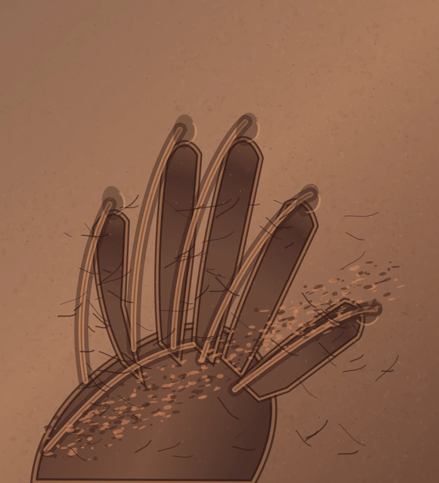 A cropped hand impression rises from clay through compressed troughs, raised rims, cracks, and displaced crumbs.