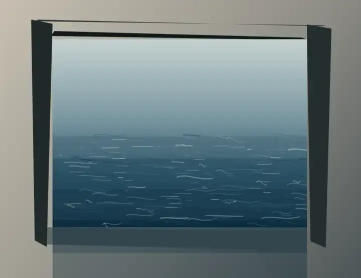 The Sill Takes Water: cumulative painting state 3 of 4; A dark-framed window admits a layered sea across its lower sill, where translucent pooling becomes runoff.