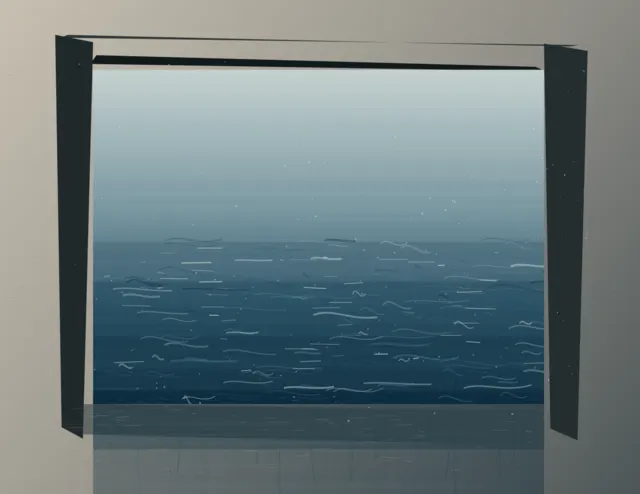 A dark-framed window admits a layered sea across its lower sill, where translucent pooling becomes runoff.