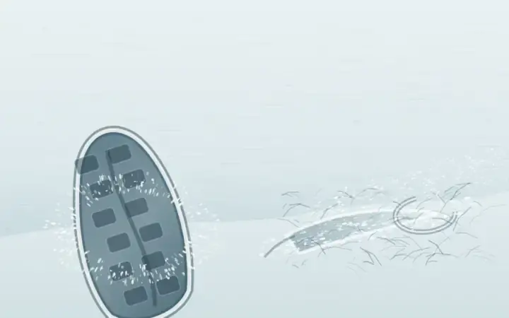 Refusal on the Crust: cumulative painting state 4 of 4; One deep sole occupies the left snowfield while an incomplete heel skid, fractures, and lateral spray mark a refused second contact.