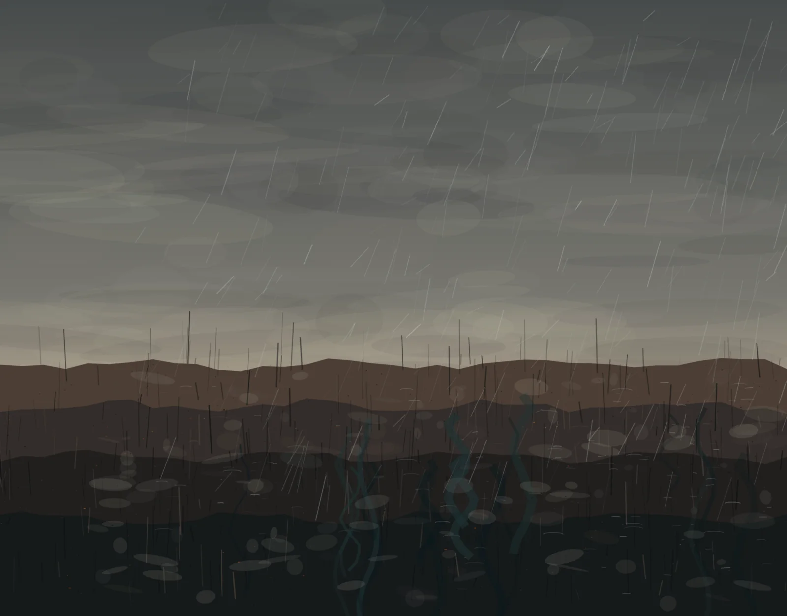 Slanted rain penetrates stacked char strata, making pools and blue-green shoots visible in the saturated lower field.
