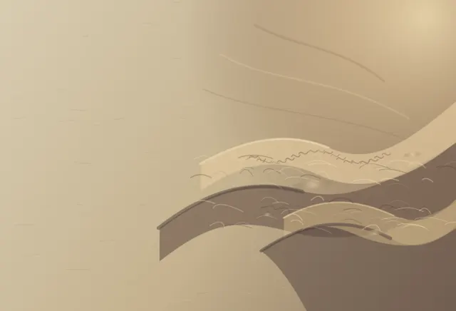Warm paper planes buckle into long folds, creases, and absorbed pools across an off-center horizontal field.