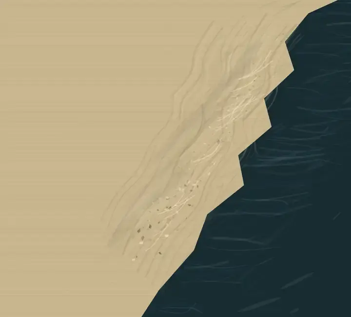 Lunar Pressure Line: cumulative painting state 4 of 4; A stepped dark sea presses into a sand field along a pale, fragment-laden tidal pressure line.