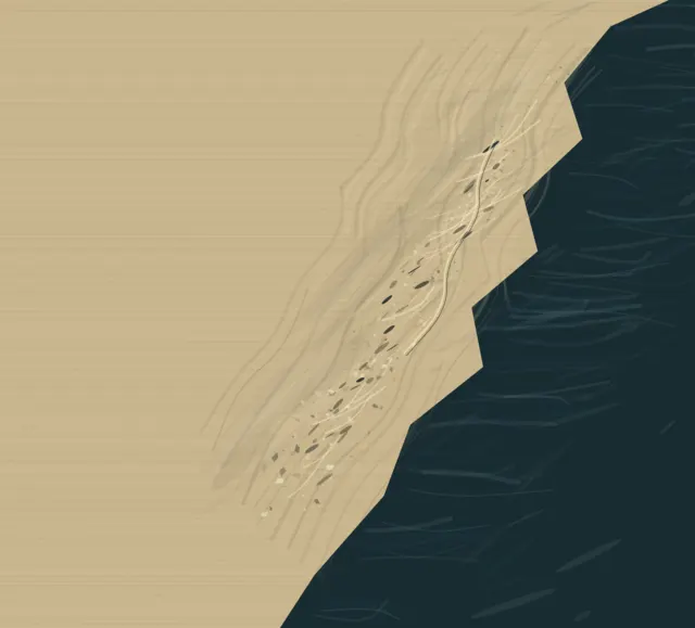 A stepped dark sea presses into a sand field along a pale, fragment-laden tidal pressure line.