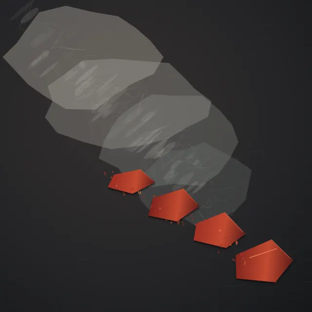 Four red deposits remain below a receding chain of gray absorption bodies and scratch clouds.