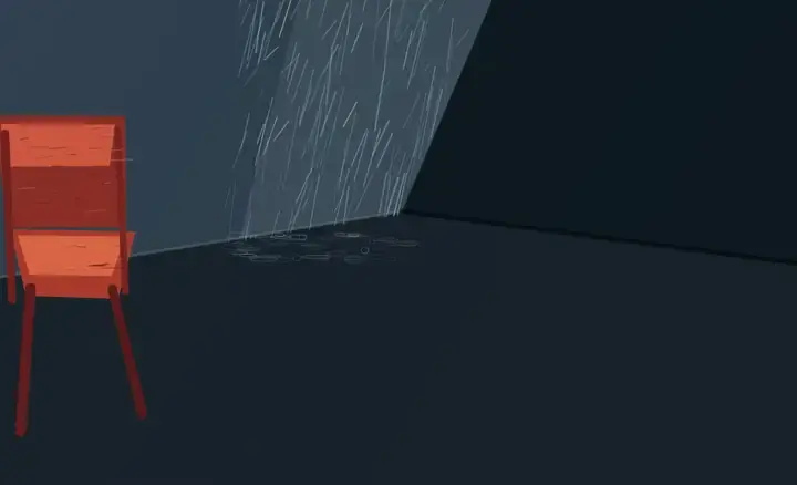 Red Chair, Rain Room: cumulative painting state 4 of 4; A red chair anchors a dark room where angled rain pools and a copper-gray drag field sweeps across the floor.