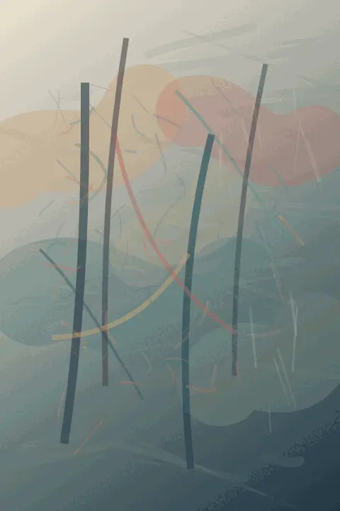 Scaffold With Foreign Weights: cumulative painting state 2 of 3; A tall grey-paper atmosphere is crossed by a handful of dark graphite uprights. Muted saffron and rose deposits drift through the upper half, while turquoise haze and thin ochre/coral contacts sink toward a deep blue-grey lower edge; flecks and short structural traces sit inside the haze.