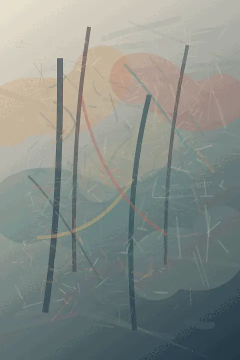 Scaffold With Foreign Weights: cumulative painting state 3 of 3; A tall grey-paper atmosphere is crossed by a handful of dark graphite uprights. Muted saffron and rose deposits drift through the upper half, while turquoise haze and thin ochre/coral contacts sink toward a deep blue-grey lower edge; flecks and short structural traces sit inside the haze.