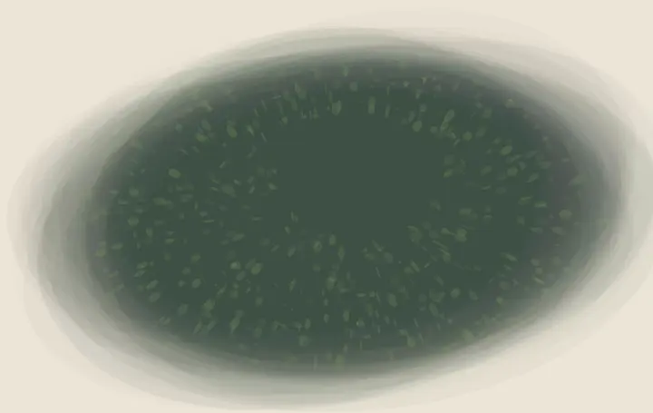 Opening Kept by Many: cumulative painting state 2 of 4; Opening Kept by Many translates protective orbit with porous aperture into a local relational field.