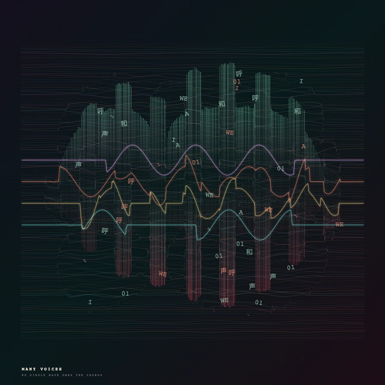 A full-original 2048 × 2048 deterministic offline composition titled “Many Voices”; see the preserved native review and provenance paths for work-specific visual and process evidence.