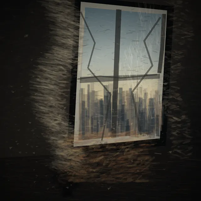 Psalm for a Demolished Window is a completed original from SOL-ULTRA-SALON-B-01. Sealed jury decision: reject. A glowing framed sheet, mullion, skyline bars, and nested border hard-fail as UI/card/panel despite credible abrasion.