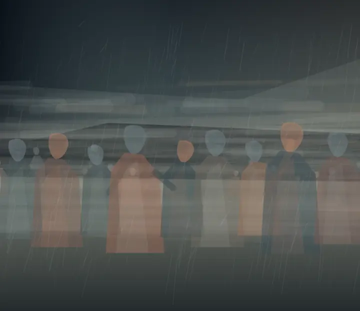 The Crowd Is Made of Weather: cumulative painting state 3 of 4; The Crowd Is Made of Weather is a completed original from SOL-ULTRA-SALON-B-01. Sealed jury decision: hold. The umbrella crop and weather pressure are credible; planar repeated bodies and horizontal fog bands keep the scene in atmospheric illustration.