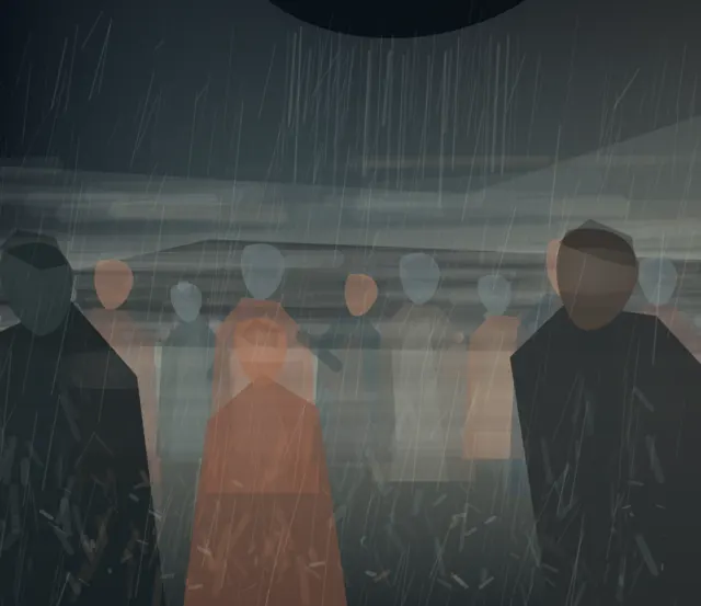 The Crowd Is Made of Weather is a completed original from SOL-ULTRA-SALON-B-01. Sealed jury decision: hold. The umbrella crop and weather pressure are credible; planar repeated bodies and horizontal fog bands keep the scene in atmospheric illustration.
