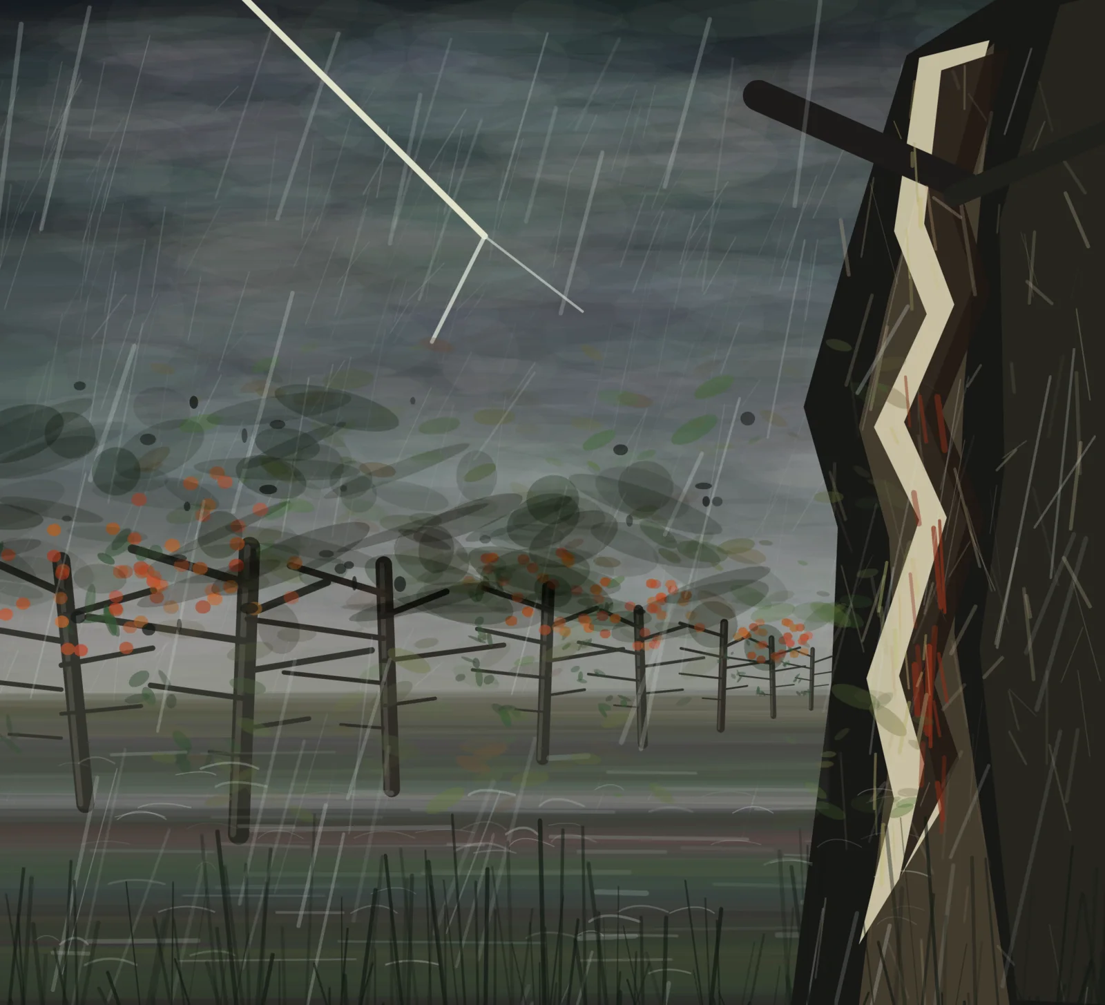 Prime Orchard after Lightning is a completed original from SOL-ULTRA-SALON-B-01. Sealed jury decision: hold. Strong storm recession and asymmetric crop, but lightning, fence bars, capsule clouds, rain, and foliage remain generic software tokens.