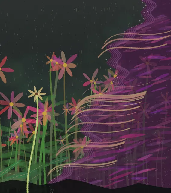 Vacuum Decay Garden is a completed original from SOL-ULTRA-SALON-B-01. Sealed jury decision: reject. Literal flowers plus a purple ribbon/portal read as decorative fantasy illustration and wallpaper, with no difficult spatial consequence.