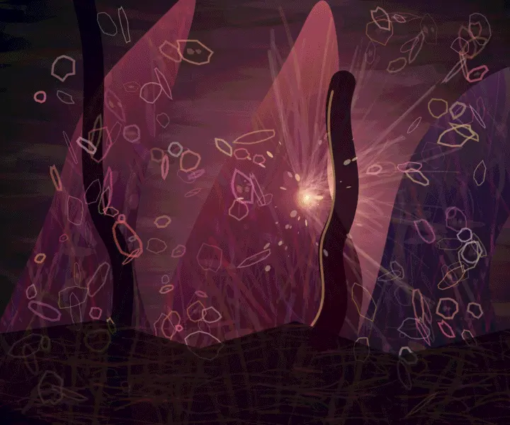 Cellular Cathedral: cumulative painting state 4 of 4; Cellular Cathedral is a completed original from SOL-ULTRA-SALON-B-01. Sealed jury decision: reject. Pink faceted grotto, central slit, starburst, and floating outlined debris close into an emblematic fantasy aperture.