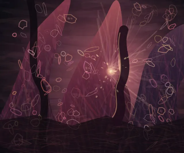 Cellular Cathedral is a completed original from SOL-ULTRA-SALON-B-01. Sealed jury decision: reject. Pink faceted grotto, central slit, starburst, and floating outlined debris close into an emblematic fantasy aperture.