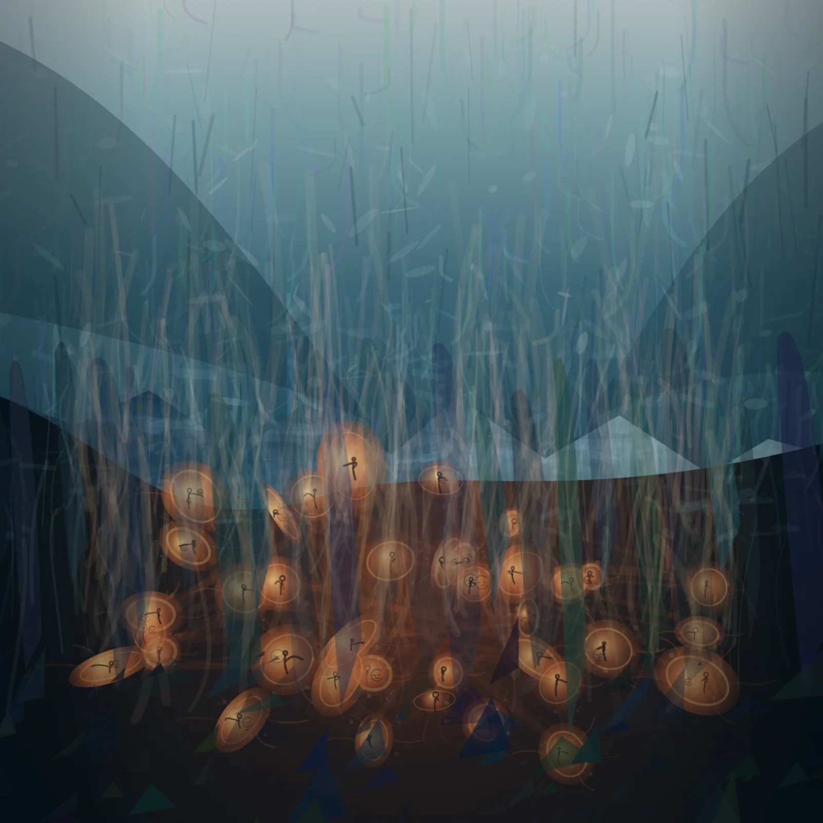Warmth Under Ice City is a completed original from SOL-ULTRA-SALON-B-01. Sealed jury decision: hold. The submerged crowd/orchard has human density and a useful cold/warm collision, but glowing pods and enclosing blue architecture remain literal and illustrative.